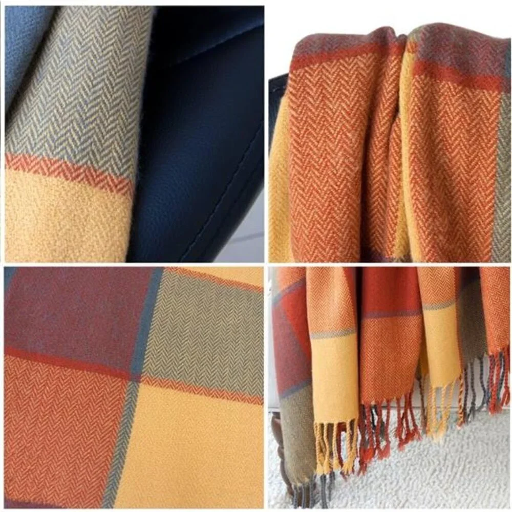 Classic Home Throw Blanket -Reversible Acrylic, Cozy Plaid Fringe, 50x67, Pumpkn